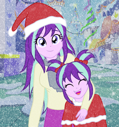 Size: 2293x2448 | Tagged: safe, artist:sumin6301, starlight glimmer, equestria girls, g4, building, canterlot, christmas, clothes, cute, double the glimmer, equestria girls-ified, eyes closed, female, glimmerbetes, glimmerdoption, hat, high res, holiday, mama starlight, open mouth, santa hat, self adoption, self paradox, smiling, snow, snowfall, solo, time paradox, younger