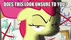 Size: 600x340 | Tagged: safe, edit, edited screencap, screencap, apple bloom, earth pony, pony, g4, on your marks, caption, does this look unsure to you?, female, image macro, just one bite, looking at you, male, meme, memeful.com, parody, solo, spongebob squarepants, squidward tentacles