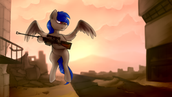 Size: 4000x2250 | Tagged: safe, artist:marsminer, oc, oc only, pegasus, pony, .50 cal, anti-materiel rifle, flying, gun, hooves, male, optical sight, pgm hecate ii, rifle, ruins, sniper rifle, solo, spread wings, stallion, weapon, wings