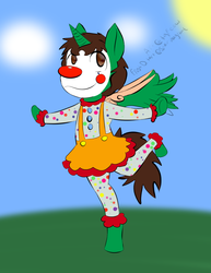 Size: 1089x1408 | Tagged: safe, artist:citrine_topaz, oc, oc only, oc:frost d. tart, alicorn, pony, alicorn oc, bipedal, clown, clown nose, dancing, male, polka dots, red nose, solo, stallion