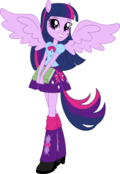 Size: 10422x15036 | Tagged: safe, artist:sugar-loop, twilight sparkle, equestria girls, g4, .ai available, .svg available, absurd resolution, alternative cutie mark placement, book, boots, clothes, female, high heel boots, pleated skirt, ponied up, ponytail, show accurate, simple background, skirt, solo, transparent background, vector, wings