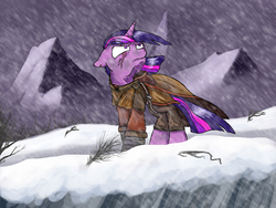 Size: 1000x750 | Tagged: safe, artist:slamjam, twilight sparkle, pony, g4, female, mage, mountain, robes, scar, skyrim, snow, snowfall, solo, the elder scrolls