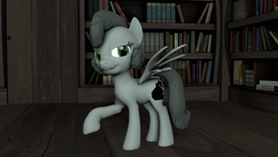 Size: 1280x720 | Tagged: safe, artist:zeb, derpibooru exclusive, oc, oc only, oc:noir, pegasus, pony, 3d, book, bookshelf, concept, lidded eyes, looking at you, open mouth, raised hoof, smiling, solo, source filmmaker, spread wings
