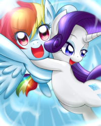 Size: 640x800 | Tagged: safe, artist:jurisalis, rainbow dash, rarity, pegasus, pony, unicorn, g4, arms around neck, flying, holding a pony