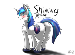 Size: 2000x1465 | Tagged: safe, artist:kingbeast, edit, shining armor, pony, unicorn, g4, bedroom eyes, blushing, butt, looking back, male, plot, sexy armor, shieldbutt, simple background, smirk, solo, the ass was fat, white background