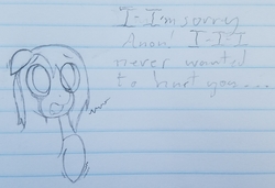 Size: 1447x991 | Tagged: safe, artist:swegmeiser, oc, oc only, pony, crying, dialogue, floppy ears, lined paper, monochrome, shaking, solo, speech, traditional art
