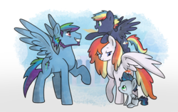 Size: 1600x1010 | Tagged: safe, artist:kianamai, artist:lugiaangel, rainbow dash, oc, oc:icy storm, oc:lightning blitz, oc:prism bolt, oc:sunset breeze, kilalaverse, g4, grandfather and grandchild, grandmother and grandchild, next generation, offspring, parent:rainbow dash, parent:soarin', parents:soarindash