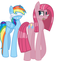 Size: 1024x866 | Tagged: safe, artist:rainbowstargamer, pinkie pie, rainbow dash, g4, base used, blindfold, knife, mouth hold, pinkamena diane pie, this will end in tears and/or death