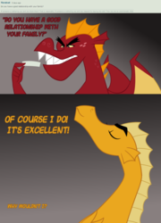 Size: 600x833 | Tagged: safe, artist:queencold, garble, oc, oc:caldera, dragon, ask caldera, g4, ask, dialogue, dragon oc, dragoness, duo, mother and son, teenaged dragon, text, tumblr