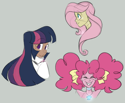 Size: 600x491 | Tagged: safe, artist:egophiliac, fluttershy, pinkie pie, twilight sparkle, robot, steamquestria, g4, alternate hairstyle, alternate universe, humanized, pigtails, roboticization, simple background, sketch