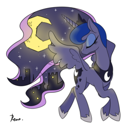 Size: 2362x2362 | Tagged: safe, artist:renokim, princess luna, pony, g4, city, eyes closed, female, high res, moon, simple background, solo, white background