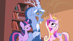 Size: 1920x1080 | Tagged: safe, screencap, discord, princess cadance, twilight sparkle, alicorn, pony, g4, three's a crowd, 1080p, blue flu, book, bookshelf, looking up, twilight sparkle (alicorn)