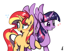 Size: 1280x1024 | Tagged: safe, artist:haden-2375, sunset shimmer, twilight sparkle, alicorn, pony, g4, blushing, female, heart, holding hooves, lesbian, open mouth, raised hoof, ship:sunsetsparkle, shipping, simple background, smiling, spread wings, sweat, sweatdrops, transparent background, twilight sparkle (alicorn)