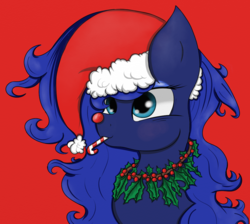 Size: 1103x988 | Tagged: safe, artist:springveil, princess luna, pony, g4, bust, candy, candy cane, christmas, female, food, hat, holly, jewelry, necklace, portrait, red background, red nose, rudolph the red nosed reindeer, santa hat, simple background, smiling, solo