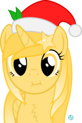 Size: 1700x2529 | Tagged: safe, artist:arifproject, oc, oc only, oc:favourite, alicorn, pony, derpibooru, g4, :i, alicorn oc, arif's christmas pones, arif's scrunchy pone, chest fluff, cute, derpibooru ponified, hair accessory, hat, leaf, looking at you, meta, ponified, santa hat, simple background, solo, transparent background, vector