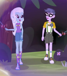 Size: 520x590 | Tagged: safe, screencap, micro chips, trixie, equestria girls, g4, my little pony equestria girls: legend of everfree, camp everfree outfits, clothes, converse, cropped, cute, diatrixes, fishing rod, flower, glasses, looking at each other, raised leg, shoes, sneakers, socks