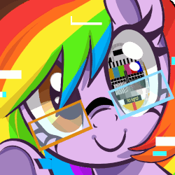 Size: 500x500 | Tagged: safe, artist:peachesandcreamated, oc, oc only, oc:rainbow screen, pony, animated, blinking, bust, error, female, gif, glasses, glitch, icon, looking at you, mare, multicolored hair, portrait, rainbow hair, smiling, solo