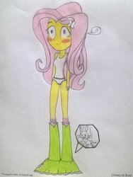Size: 775x1031 | Tagged: safe, artist:toonalexsora007, angel bunny, fluttershy, equestria girls, g4, angel is a bunny bastard, assisted exposure, blushing, boots, clothes, dialogue, embarrassed, embarrassed underwear exposure, female, frilly underwear, grin, panties, pink underwear, skirt, skirt pull, skirt pulled down, skirting, smiling, tank top, traditional art, underwear, white underwear