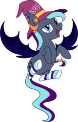 Size: 1185x1850 | Tagged: safe, artist:thebowtieone, oc, oc only, oc:witch hunt, bat pony, pony, clothes, female, flying, hat, mare, simple background, socks, solo, striped socks, transparent background, witch hat