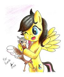 Size: 2240x2674 | Tagged: safe, artist:brianchoobrony-artie, oc, oc only, oc:petal eclipse, chicken, pegasus, pony, bipedal, high res, hug, traditional art