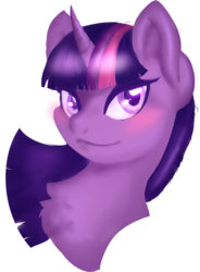 Size: 1024x1389 | Tagged: safe, artist:mondlichtkatze, twilight sparkle, pony, g4, blushing, bust, chest fluff, colored pupils, female, lineless, one layer, simple background, solo, transparent background