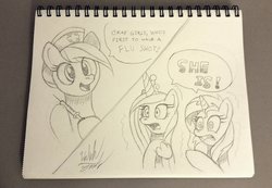Size: 1024x709 | Tagged: safe, artist:fuzon-s, nurse redheart, princess cadance, sunset shimmer, pony, g4, andy price style, comic, dialogue, grayscale, monochrome, needle, pencil drawing, scared, shaking, style emulation, syringe, traditional art, trypanophobia, vaccination