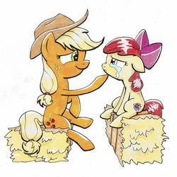 Size: 2191x2191 | Tagged: safe, artist:helmie-art, apple bloom, applejack, g4, comforting, crying, cutie mark, hay bale, high res, simple background, the cmc's cutie marks, white background