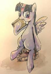 Size: 1008x1452 | Tagged: safe, artist:awk44, twilight sparkle, alicorn, pony, g4, bibliovore, blushing, book, female, nom, sitting, solo, that pony sure does love books, traditional art, twilight sparkle (alicorn)