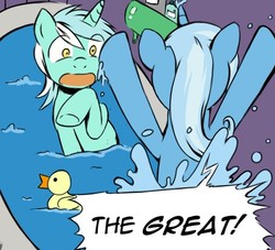 Size: 455x413 | Tagged: safe, artist:darkstarchan, lyra heartstrings, trixie, pony, unicorn, g4, bath, context is for the weak, cropped, duo, female, inconvenient trixie, mare, open mouth, personal space invasion, raised hoof, rubber duck, single panel, speech bubble, surprised, underhoof, water