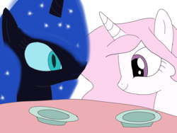 Size: 1600x1200 | Tagged: safe, artist:toyminator900, nightmare moon, princess celestia, alicorn, pony, g4, cewestia, cute, duo, filly, pink-mane celestia, plate, simple background, table, transparent background, younger