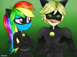 Size: 1024x768 | Tagged: safe, artist:abbyboo55, rainbow dash, equestria girls, g4, adrien agreste, bell, bodysuit, cat bell, cat ears, catsuit, chat noir, clothes, crossover, duo, duo male and female, female, gradient background, male, mask, miraculous ladybug