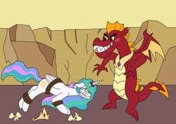 Size: 1754x1240 | Tagged: safe, artist:linedraweer, garble, princess celestia, alicorn, dragon, pony, g4, accessory theft, bad end, bondage, bound wings, cloth gag, comic, commission, equestria is doomed, female, gag, horn, horn ring, imminent vore, jewelry, magic suppression, male, mare, regalia, the bad guy wins, this will end in war, tied up