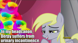 Size: 844x470 | Tagged: safe, edit, edited screencap, screencap, derpy hooves, pony, g4, slice of life (episode), female, headcanon, impact font, incontinence, solo, text, wat