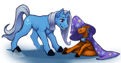 Size: 1003x522 | Tagged: safe, artist:mu, snails, trixie, oc, pony, unicorn, g4, accessory swap, female, glitter shell, mare, trixie's cape, trixie's hat