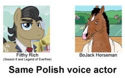 Size: 800x500 | Tagged: safe, filthy rich, earth pony, horse, pony, anthro, g4, bojack horseman, bojack horseman (character), exploitable meme, jakub wieczorek, meme, poland, polish, same voice actor