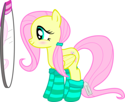 Size: 5000x4051 | Tagged: safe, artist:uliks-uliks, fluttershy, pony, g4, absurd resolution, blushing, clothes, cute, female, mirror, russian, shyabetes, simple background, socks, solo, striped socks, transparent background, vector