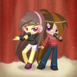 Size: 1500x1500 | Tagged: safe, artist:howxu, oc, oc only, oc:cupcake slash, oc:qlimaxie, equestria girls, g4, chibi, clothes, commission, cute, duo, equestria girls-ified, microphone, shoes, shorts, singing, sneakers, stage