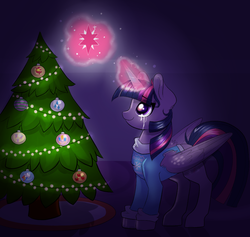 Size: 1000x949 | Tagged: safe, artist:confetticakez, twilight sparkle, alicorn, pony, g4, christmas tree, clothes, crying, decorating, female, glowing horn, horn, magic, solo, sweater, tree, twilight sparkle (alicorn)
