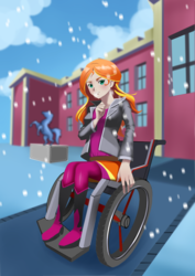 Size: 2480x3507 | Tagged: safe, artist:kiseki-ryo, derpibooru exclusive, sunset shimmer, equestria girls, g4, canterlot high, clothes, disabled, female, handicapped, high res, pantyhose, paraplegic, snow, solo, wheelchair, winter
