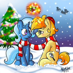 Size: 2000x2000 | Tagged: safe, artist:fezcake, trixie, oc, oc:fezcake, pony, unicorn, g4, canon x oc, christmas, christmas tree, clothes, female, fez, fezixie, hat, hearth's warming eve, high res, holly, holly mistaken for mistletoe, implied kissing, mare, scarf, shared clothing, shared scarf, shipping, snow, tree, winter