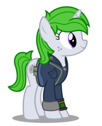 Size: 2000x2463 | Tagged: safe, artist:limedreaming, oc, oc only, oc:limonella diane, pony, unicorn, fallout equestria, clothes, cutie mark, fallout, female, high res, jumpsuit, mare, simple background, solo, transparent background, vault suit, vector