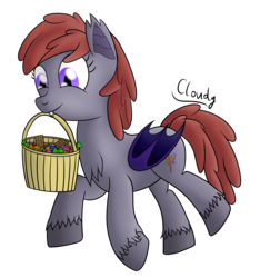 Size: 1500x1600 | Tagged: safe, artist:cloudy95, oc, oc only, oc:lukida, bat pony, pony, basket, candy, female, food, mare, mouth hold, simple background, solo, transparent background