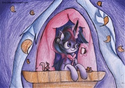 Size: 1156x816 | Tagged: safe, artist:emi-288, twilight sparkle, alicorn, pony, squirrel, g4, balcony, female, solo, traditional art, twilight sparkle (alicorn)