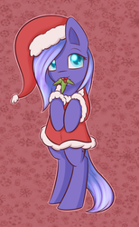 Size: 1024x1659 | Tagged: safe, artist:dusthiel, princess luna, pony, g4, bipedal, clothes, costume, cute, female, filly, hat, holly, holly mistaken for mistletoe, lunabetes, mouth hold, santa costume, santa hat, santa woona, solo, woona, younger