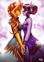 Size: 707x1000 | Tagged: safe, artist:jadenkaiba, sci-twi, sunset shimmer, twilight sparkle, human, equestria girls, g4, my little pony equestria girls: legend of everfree, alternate clothes, alternate hairstyle, blushing, clothes, commission, crystal gala, dancing, dress, duo, female, glasses, holding hands, imminent kissing, lesbian, looking at each other, open mouth, ship:sci-twishimmer, ship:sunsetsparkle, shipping