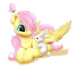 Size: 2000x1900 | Tagged: safe, artist:peachmayflower, angel bunny, fluttershy, butterfly, g4, cheek fluff, cute, ear fluff, filly, fluffy, heart eyes, hnnng, looking at each other, prone, shyabetes, simple background, white background, wingding eyes, younger