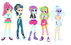 Size: 1100x707 | Tagged: safe, artist:berrypunchrules, indigo zap, lemon zest, sour sweet, sugarcoat, sunny flare, equestria girls, g4, arm behind back, boots, clothes, compression shorts, crystal prep shadowbolts, goggles, high heels, jeans, kneesocks, mary janes, pants, pantyhose, pigtails, plaid, pleated skirt, ponytail, shadow five, shoes, shorts, simple background, skirt, socks, striped pantyhose, transparent background, twintails