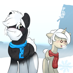 Size: 4000x4000 | Tagged: safe, artist:frostyb, oc, oc only, oc:allure, oc:tungsten shield, earth pony, pony, unicorn, fallout equestria, clothes, diablo canyon, glasses, scarf, snow, winter