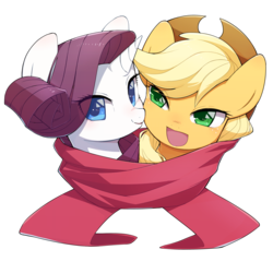 Size: 3650x3650 | Tagged: safe, artist:30clock, applejack, rarity, earth pony, pony, unicorn, g4, bust, clothes, colored pupils, cowboy hat, cute, female, freckles, hat, high res, jackabetes, lesbian, looking at you, open mouth, raribetes, scarf, shared clothing, shared scarf, ship:rarijack, shipping, simple background, smiling, transparent background