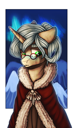 Size: 767x1327 | Tagged: safe, artist:razethem, oc, oc only, oc:allure, pony, unicorn, aurora borealis, cloak, clothes, glasses, snow, solo, winter